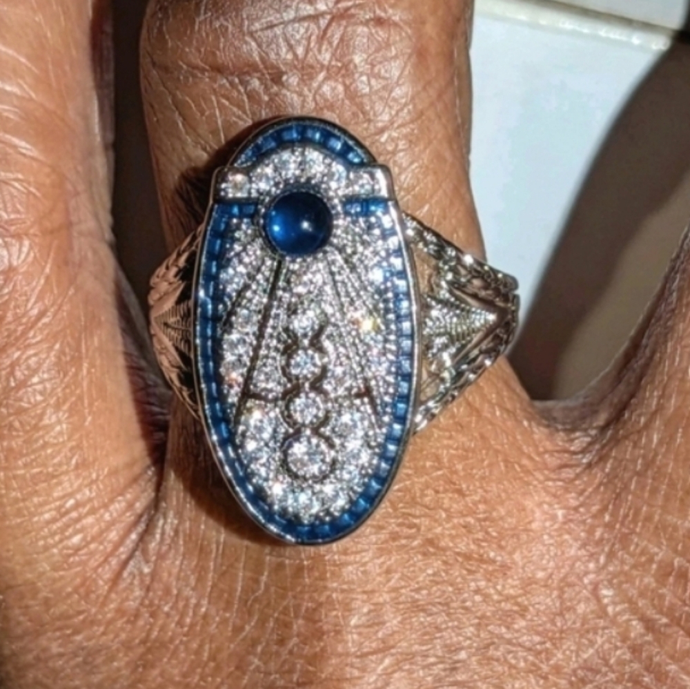 Art Deco Style Lab Created diamond Sapphire Wedding 14k White Gold Plated Sz 10 - Picture 11 of 15